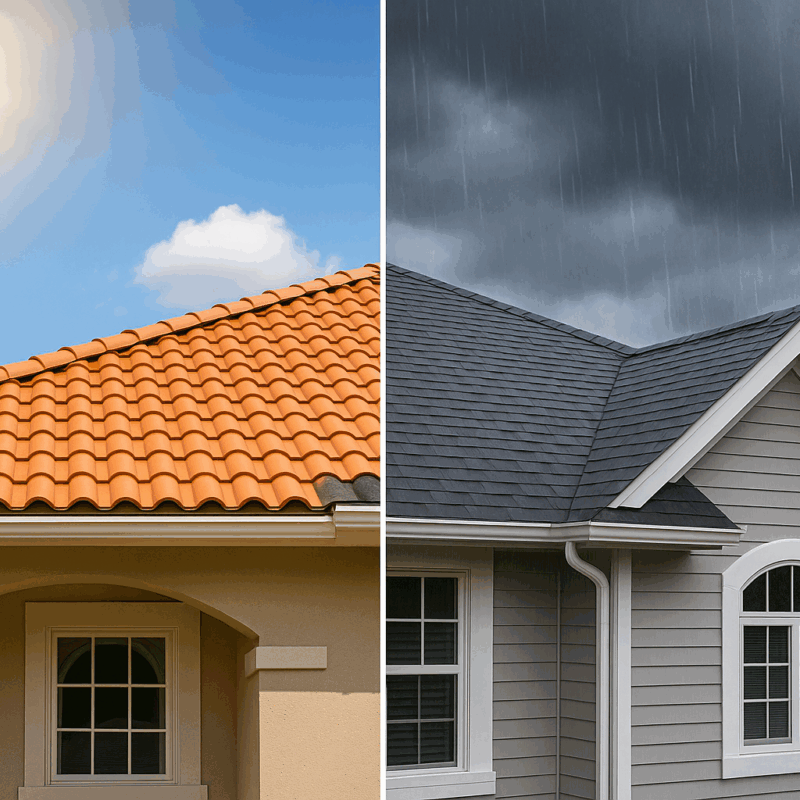 Split view of a suburban home with clay tile roof in sunny weather and asphalt shingle roof in rain, showing roofing material choices in Fresno-Clovis