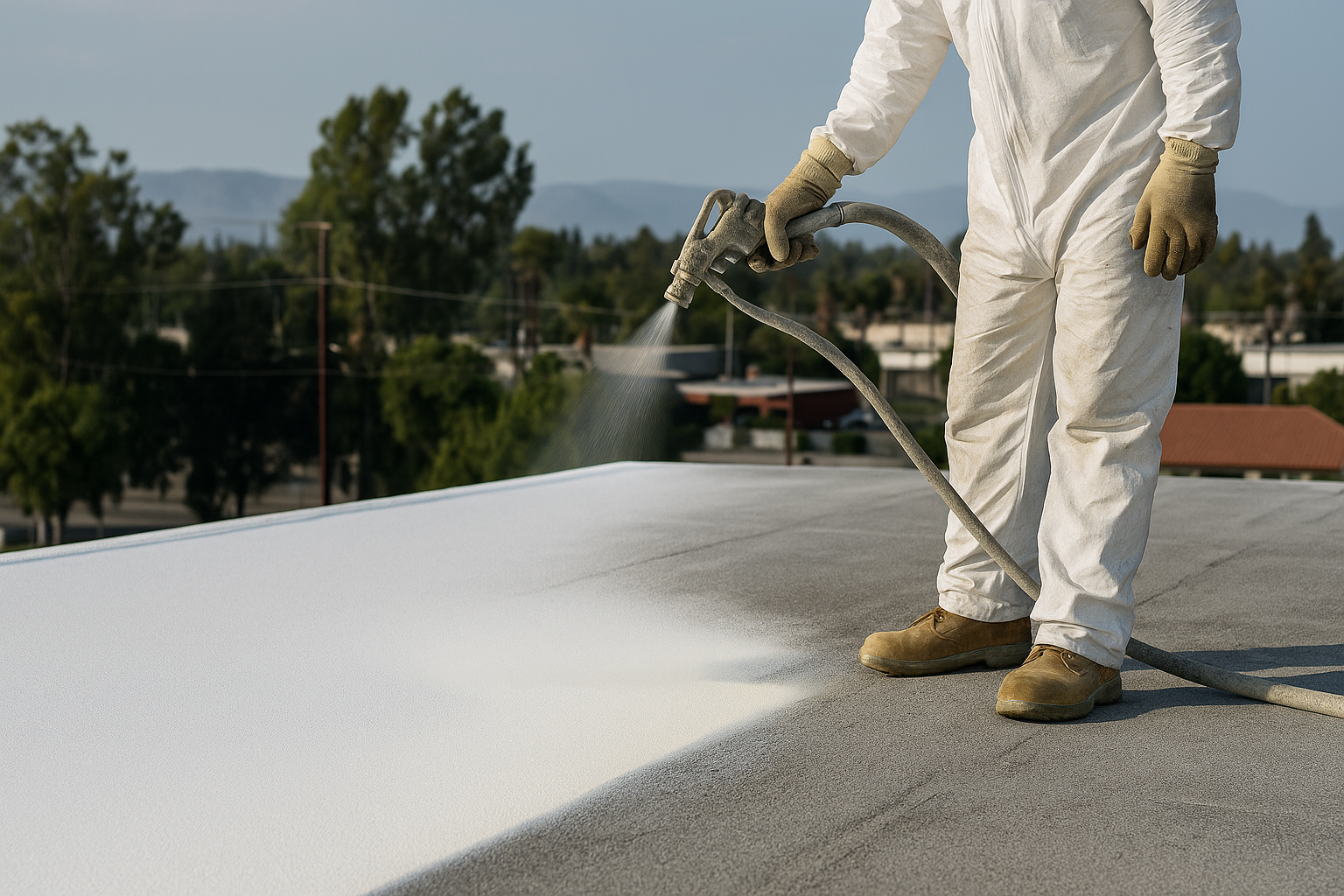 Roofer applying bright white elastomeric coating to a flat commercial roof in Fresno-Clovis