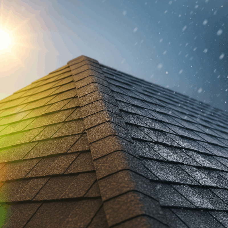 Asphalt shingle roof showing summer sunlight on one side and winter snow on the other, representing energy-efficient roofing in Fresno and Clovis