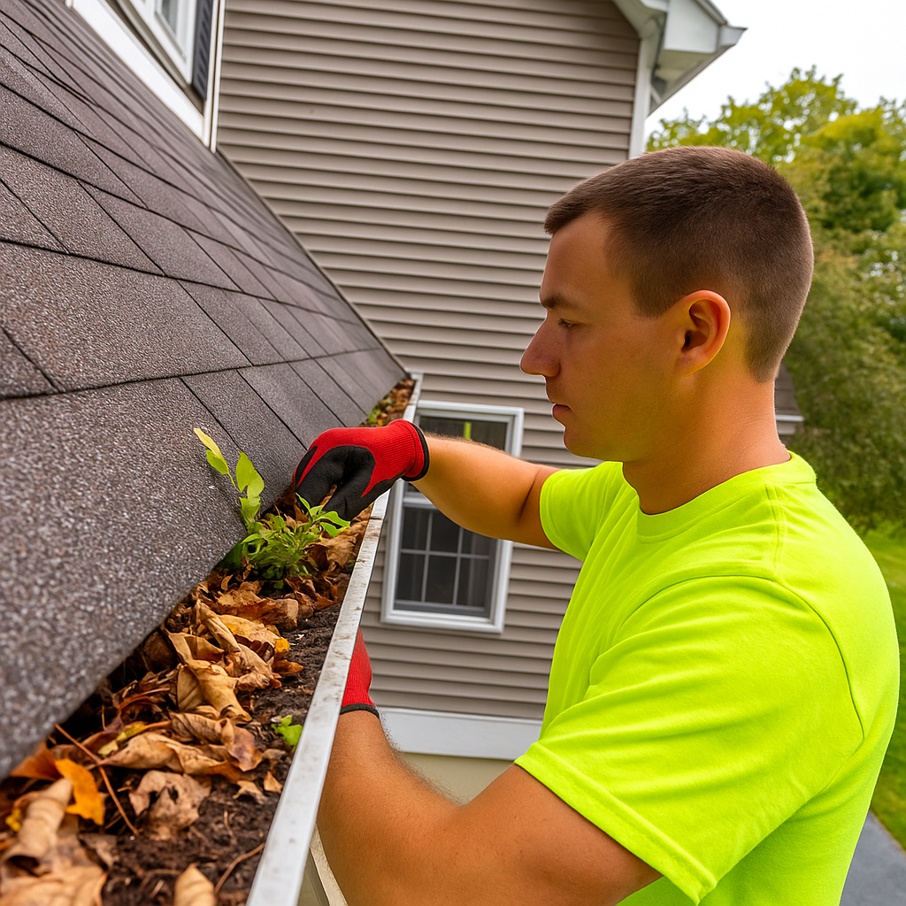 residential roof gutter while standing on a ladder