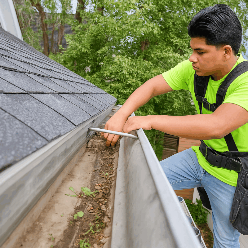 leaning house gutter while standing on ladder