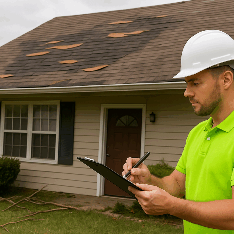Roofing contractor performing an insurance claim inspection on a home with minor shingle damage
