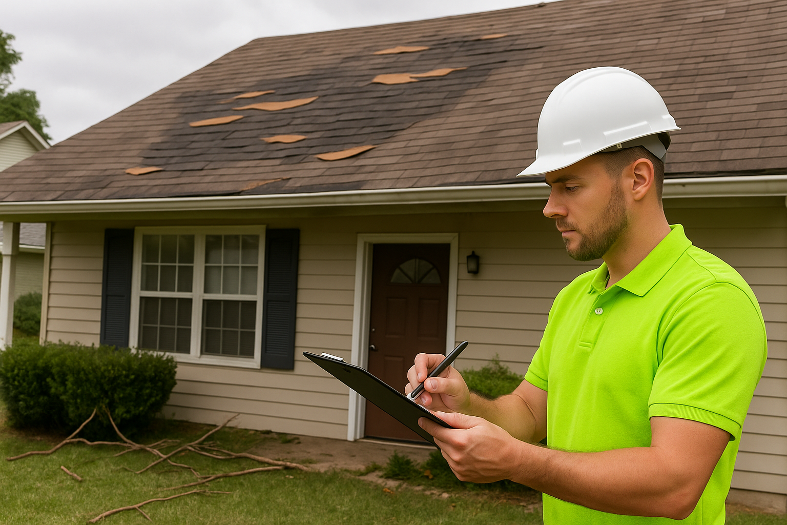 Roofing contractor performing an insurance claim inspection on a home with minor shingle damage