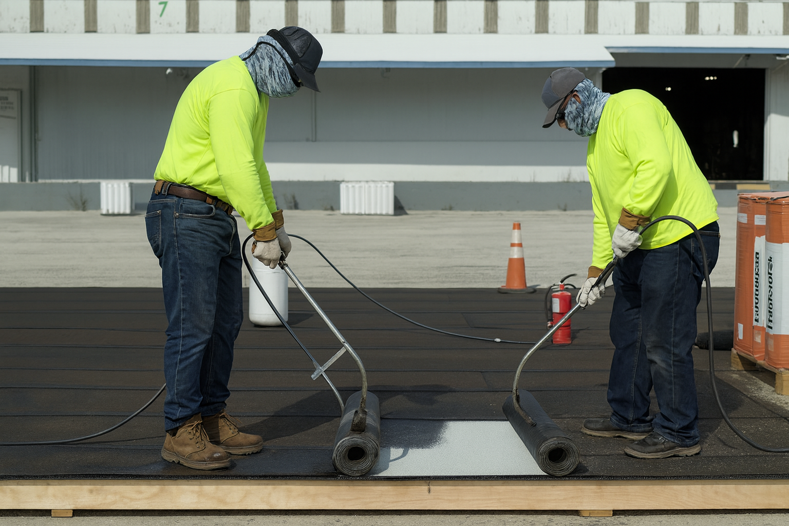 installing torch down roofing on a low-slope commercial roof