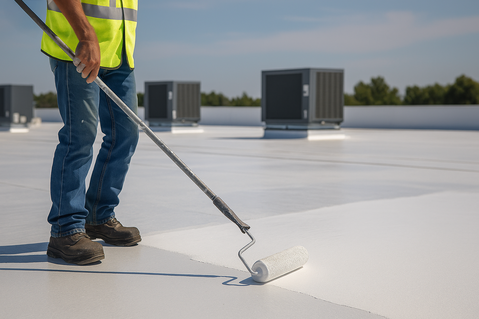 Commercial roofer applying white single-ply membrane coating on a flat industrial roof in Fresno-Clovis with HVAC units in the background