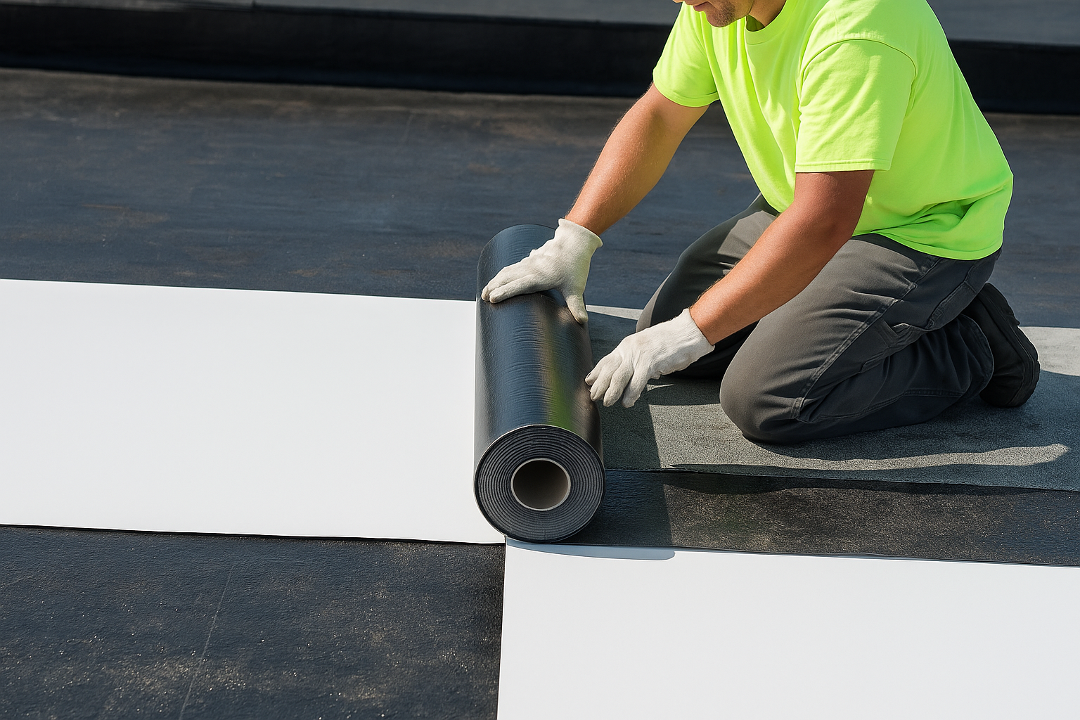 Commercial roofer in a neon green shirt and blue hard hat rolling out a Mule-Hide single-ply membrane on a flat commercial roof,