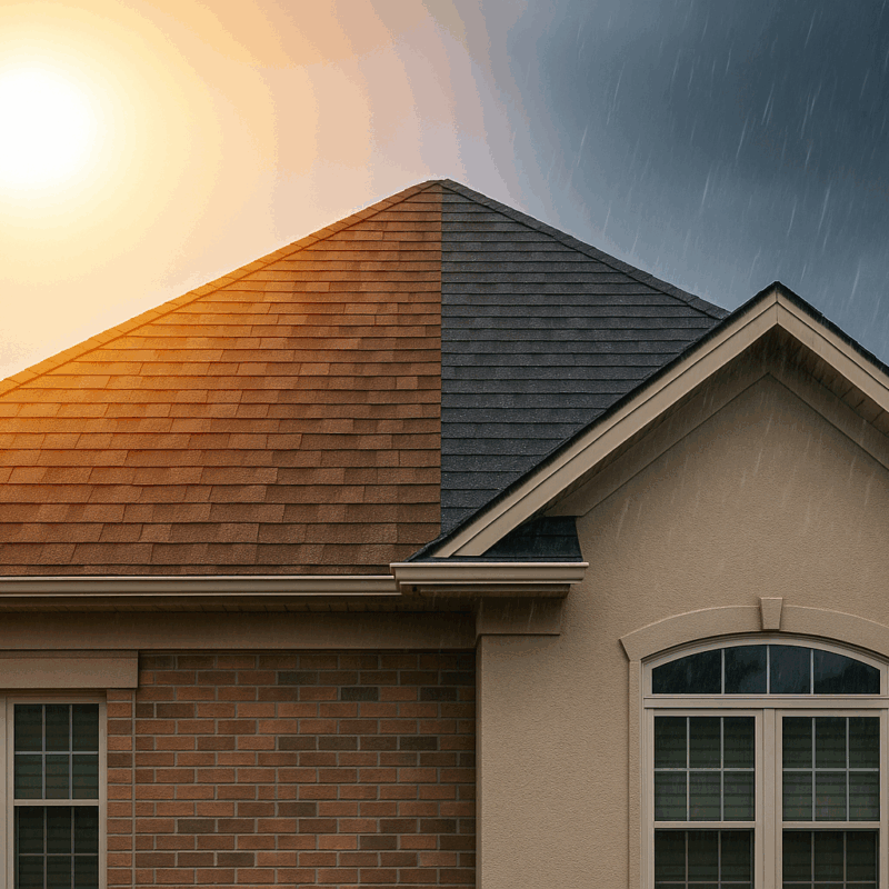 Suburban home roof split between sunny and rainy conditions, symbolizing durability and value of a new roof in Fresno-Clovis