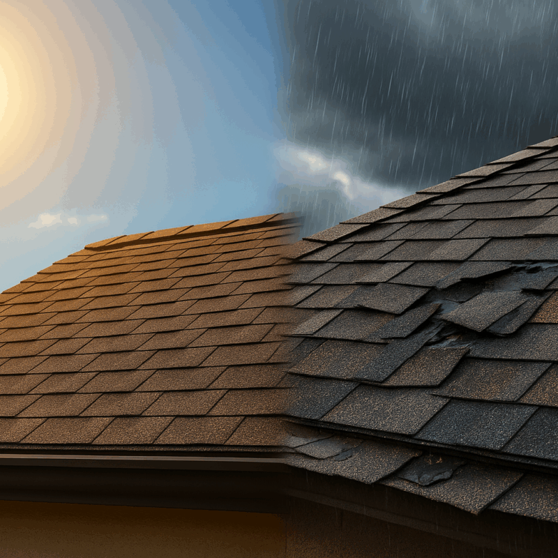 Asphalt shingle roof under summer sun on one side and heavy winter rain on the other, showing need for professional roofing in Fresno-Clovis