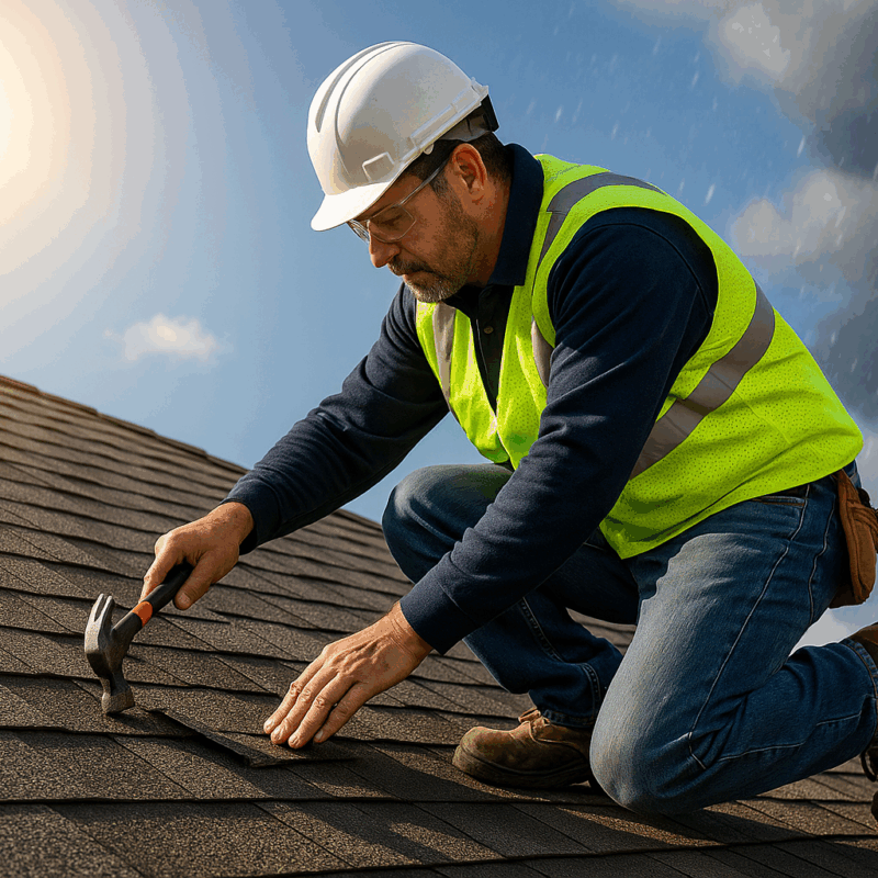 Roofer in safety vest repairing asphalt shingles with summer sunlight on one side and winter storm on the other in Fresno-Clovis.