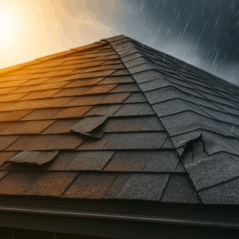 Close-up of asphalt shingle roof with lifted and cracked shingles, showing sun damage on one side and rain damage on the other in Fresno-Clovis