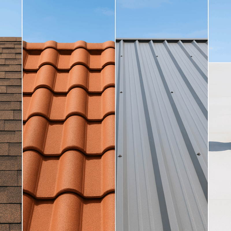 side-by-side comparison of asphalt shingles, clay tiles, metal panels, and TPO roofing on homes in California