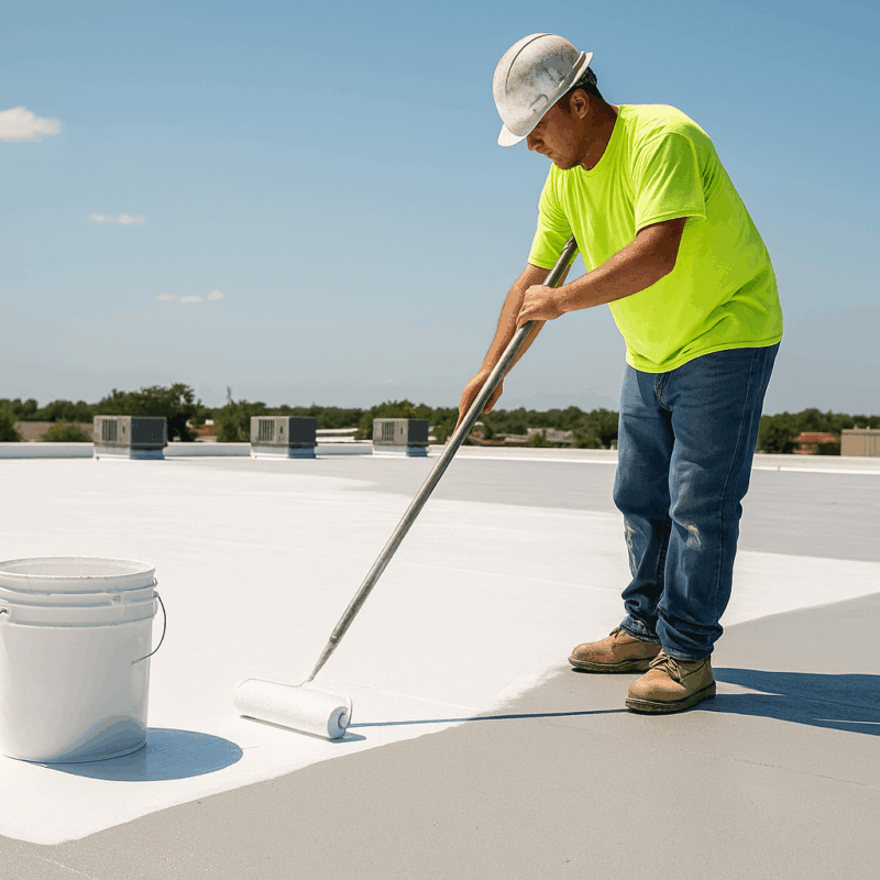Roofer applying white silicone coating to a flat commercial roof in Fresno-Clovis, with clear skies and HVAC units in the background