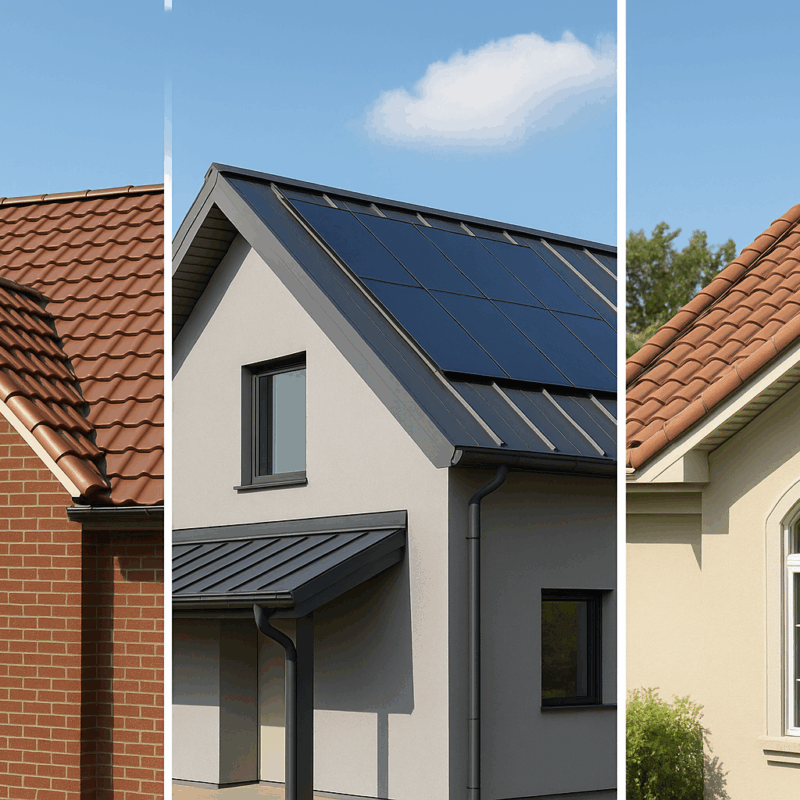 solar roof tiles, integrated building photovoltaics, and cool roof panels on modern homes, showcasing next-generation energy-efficient roofing designs
