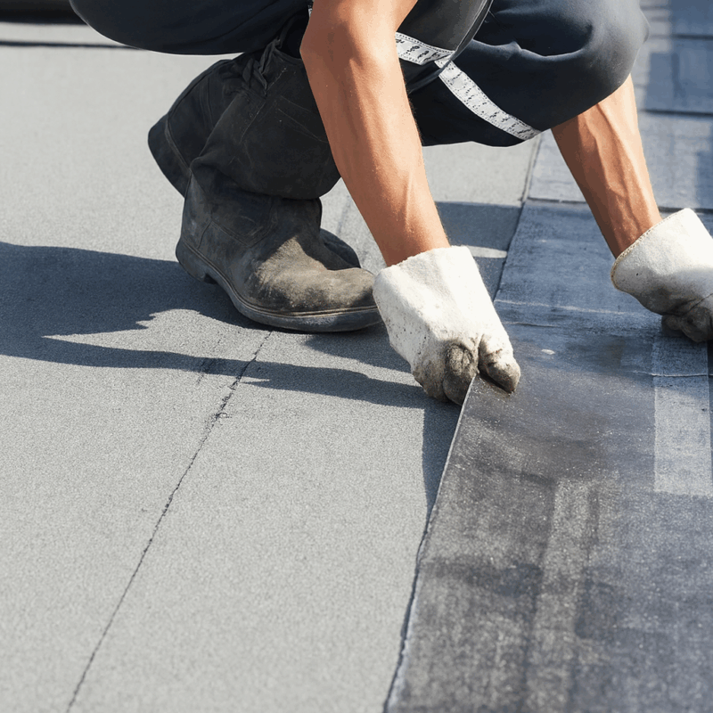 shirt rolling out Soprema single-ply membrane onto an old commercial flat roof in Fresno
