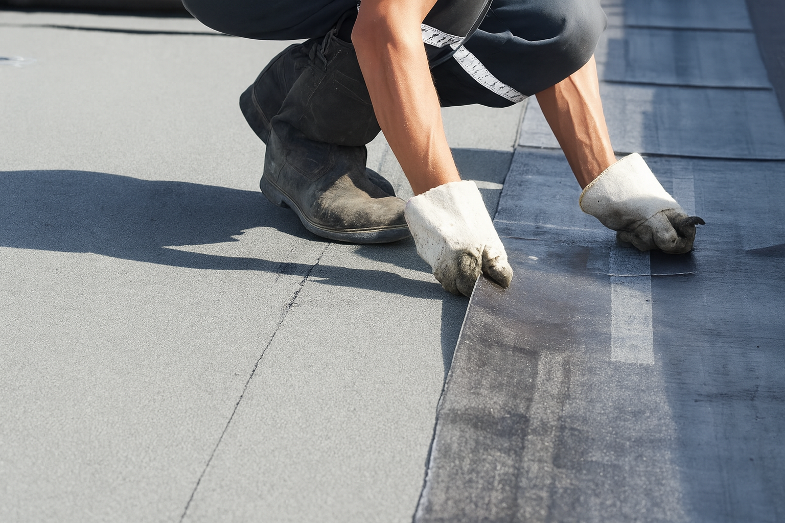 shirt rolling out Soprema single-ply membrane onto an old commercial flat roof in Fresno