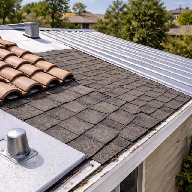 Roofer inspecting different roofing materials including TPO, metal panels, tile, and asphalt shingles on a Central Valley home. fresno clovis