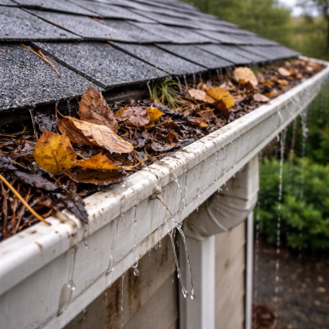 Close up of clogged house gutters filled with wet leaves and debris, showing water overflow risk on a Central Valley home. Fresno Clovis