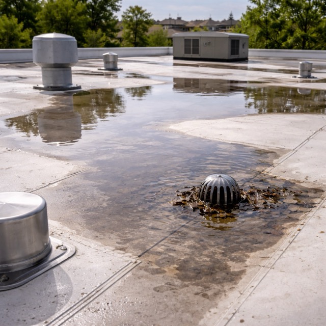 Flat roof with visible ponding water and drainage pathways after a Central Valley rainstorm. fresno