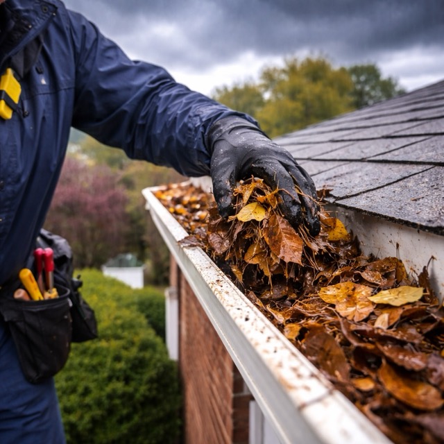Worker removing wet leaves from clogged house gutters before a Central Valley rainstorm.