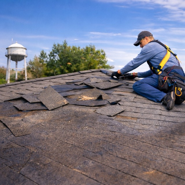 Roofer wearing safety gear repairing damaged asphalt shingles on a residential roof under a clear sky