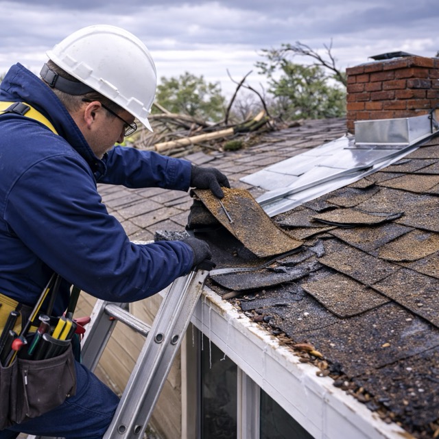 Roofing contractor standing on a ladder inspecting wind damaged shingles and flashing after a Central Valley storm. fresno clovis
