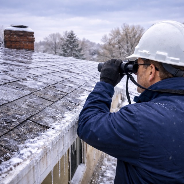 Roofer inspecting an ice covered asphalt roof with binoculars during a cold Central Valley morning fresno clovis