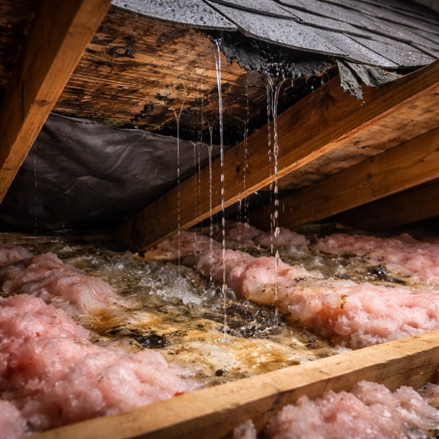 Water leaking through a damaged roof section onto attic insulation inside a Central Valley home fresno clovis