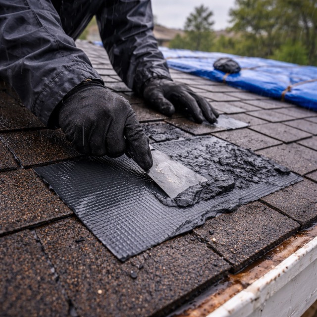 Roofer applying a temporary winter patch to a damaged shingle roof during a Fresno storm