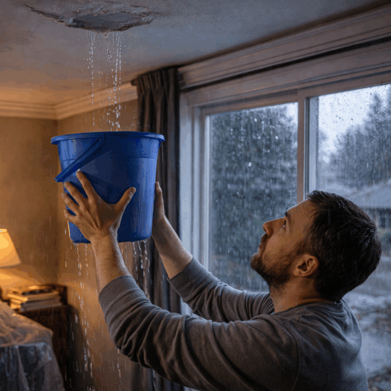 Emergency roof leak during a winter storm in a Central Valley home