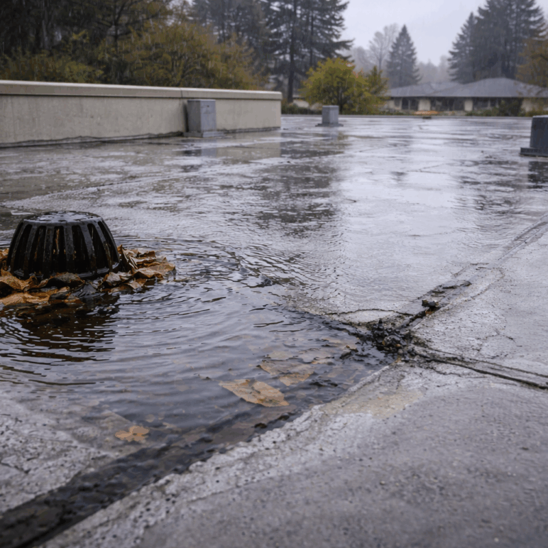 Ponding water and drainage issues on a flat roof during the rainy season in the Central Valley