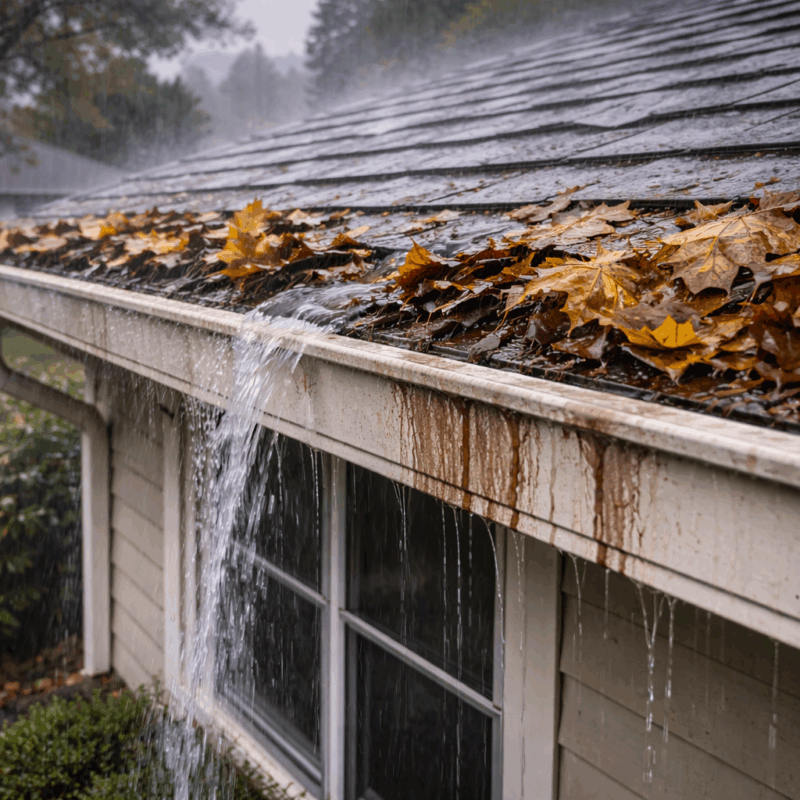 Clogged gutters overflowing after a winter storm causing fascia and foundation risk in the Central Valley