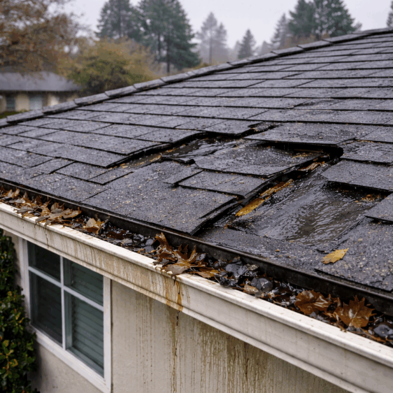 Signs of roof damage after heavy winter rain on a Central Valley home