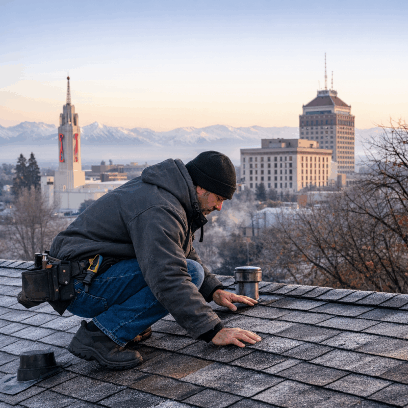 Winter roof inspection in a Central Valley neighborhood after rain storm damage